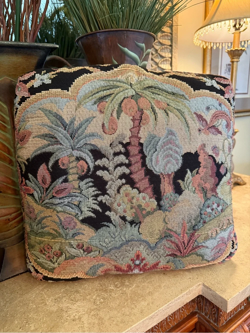 Vintage Aubusson Tapestry Needlepoint Palm Tree Pillows 18x18 - Pair